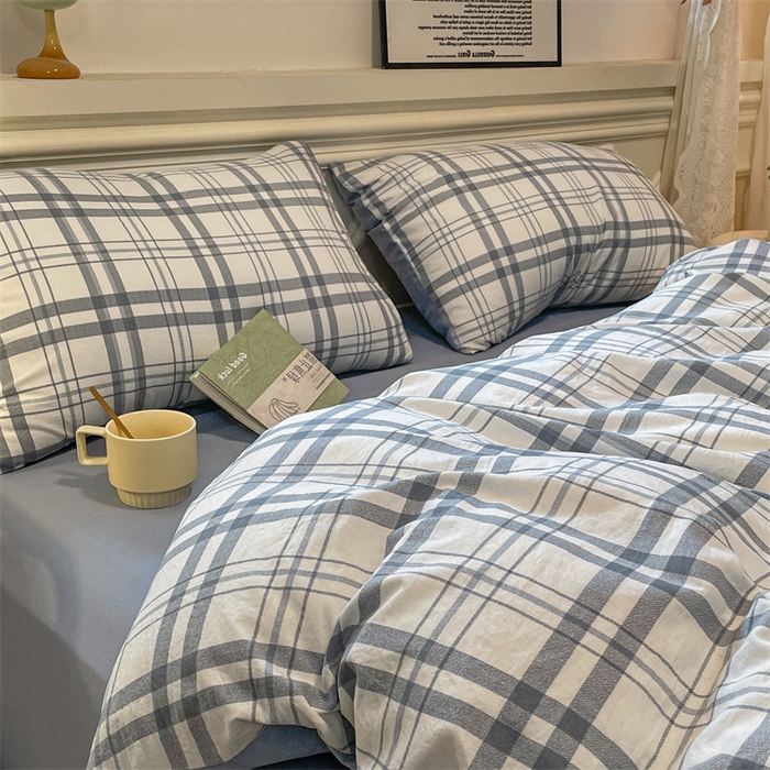 91家纺网 家纺一手货源 找家纺 盛秋家纺 2025新款水洗棉格子系列四件套蓝调+海清