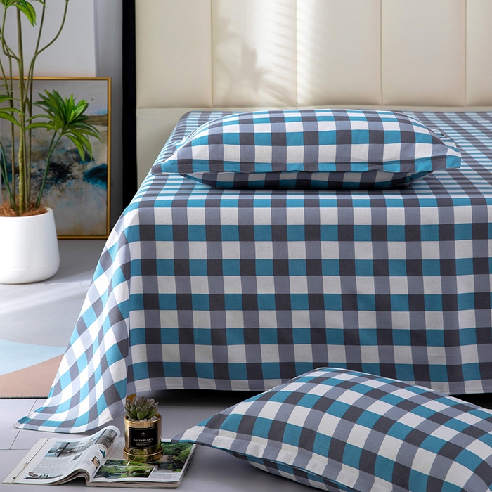 91家纺网 家纺一手货源 找家纺 帛洵2025新款原棉老粗布床单 灰蓝格子