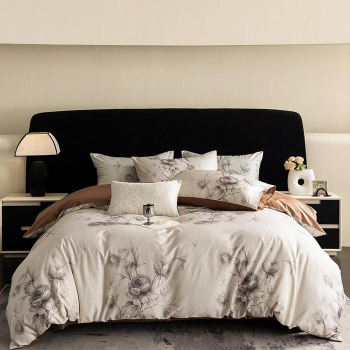 91家纺网 家纺一手货源 找家纺 立奥被业 2025新款60S数码印花四件套四件套 玫瑰咖