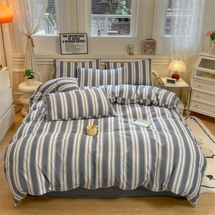 盛秋家纺 2025新款水洗棉格子系列四件套黑灰中条+高级灰