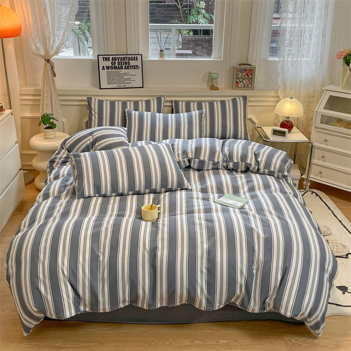 91家纺网 家纺一手货源 找家纺 盛秋家纺 2025新款水洗棉格子系列四件套黑灰中条+高级灰