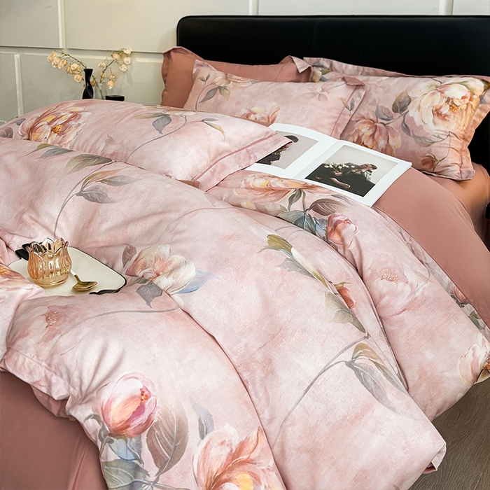 91家纺网 家纺一手货源 找家纺 帛美家纺 2025新款40S莱赛尔天丝棉数码印花四件套 荷露韵