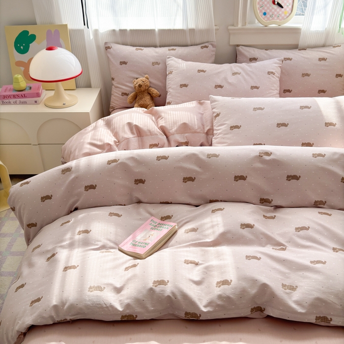 91家纺网 家纺一手货源 找家纺 清雅福 2025全棉13372小清新四件套和单被套早春系列第二批--四件套 喵小喵·咖