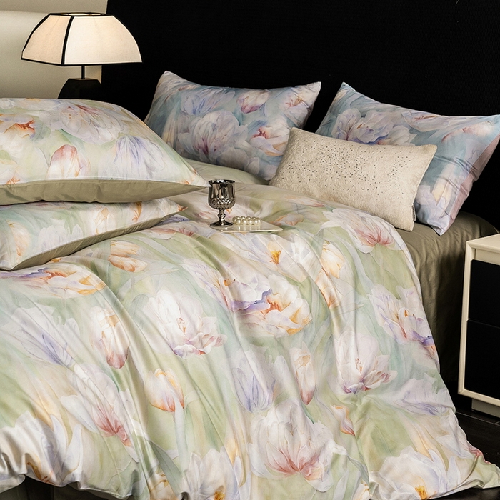 91家纺网 家纺一手货源 找家纺 立奥被业 2025新款60S数码印花四件套四件套 百合绿