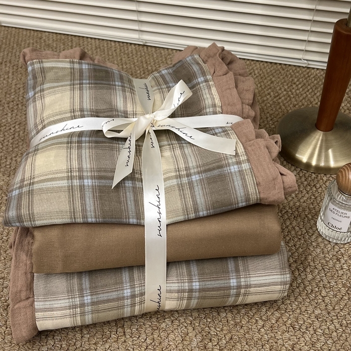 91家纺网 家纺一手货源 找家纺 荣轩 2024新款全棉印花双层纱四件套 皱皱纱花边款 云川寄禾