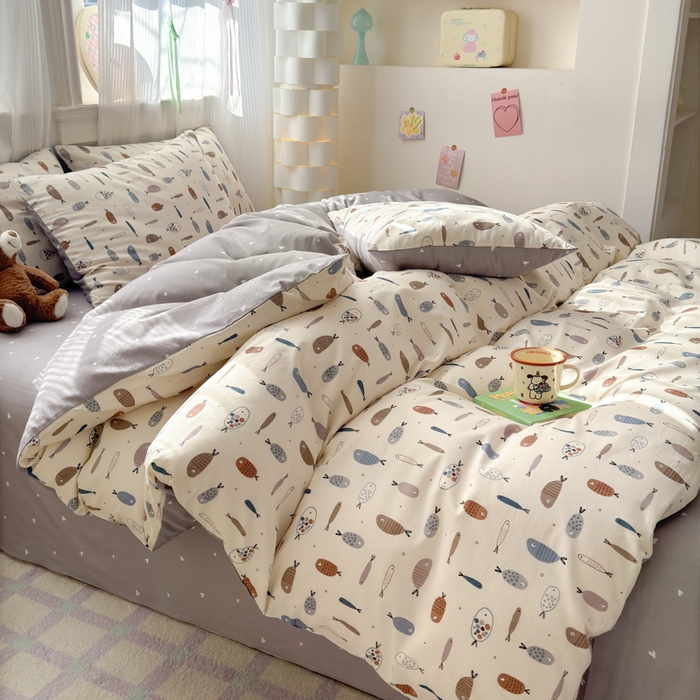 91家纺网 家纺一手货源 找家纺 清雅福 2025全棉13372小清新四件套和单被套早春系列第二批--单枕套 鱼多多