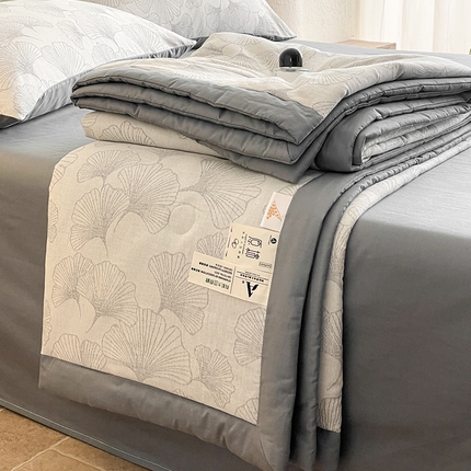 一加一家纺2025新款A类全棉三层纱色织提花大豆夏被四件套 银杏叶--灰