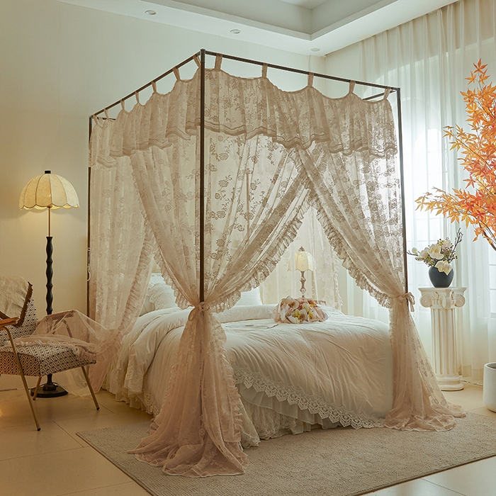 91家纺网 家纺一手货源 找家纺 都市缘蚊帐 2025新款A902穿杆落地宫廷蚊帐烤漆支架款 902可可庄园-奶油杏