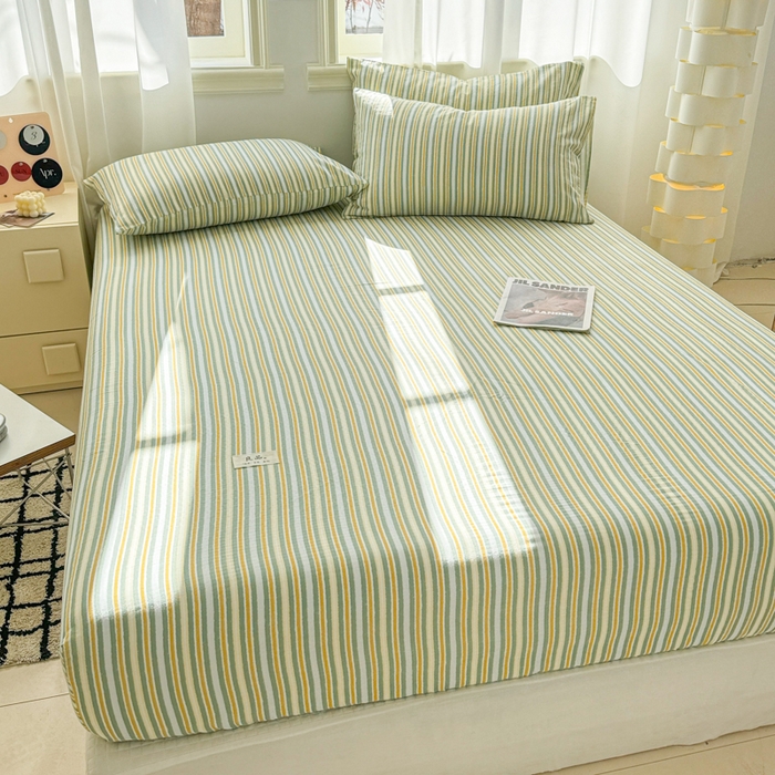 91家纺网 家纺一手货源 找家纺 眠博士2025新款 全棉双层纱 单床笠 双层纱床笠-黄绿条