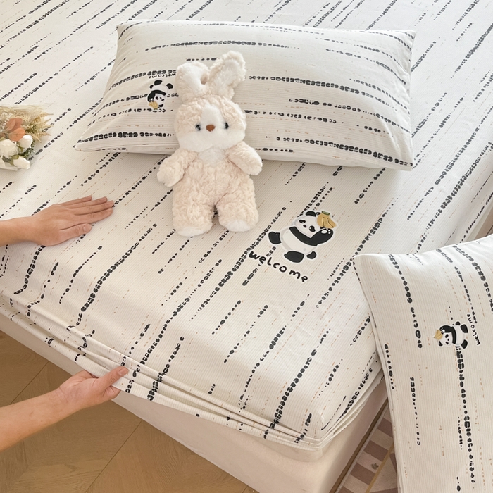 91家纺网 家纺一手货源 找家纺 博雅 2025新款全棉老粗布烫画床笠系列 纹理-香蕉熊猫