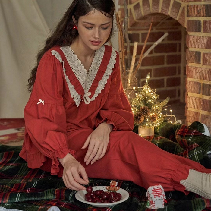 91家纺网 家纺一手货源 找家纺 （总）妍景家居生活馆 2025新款韩系V领蝴蝶结套装酒红家居服