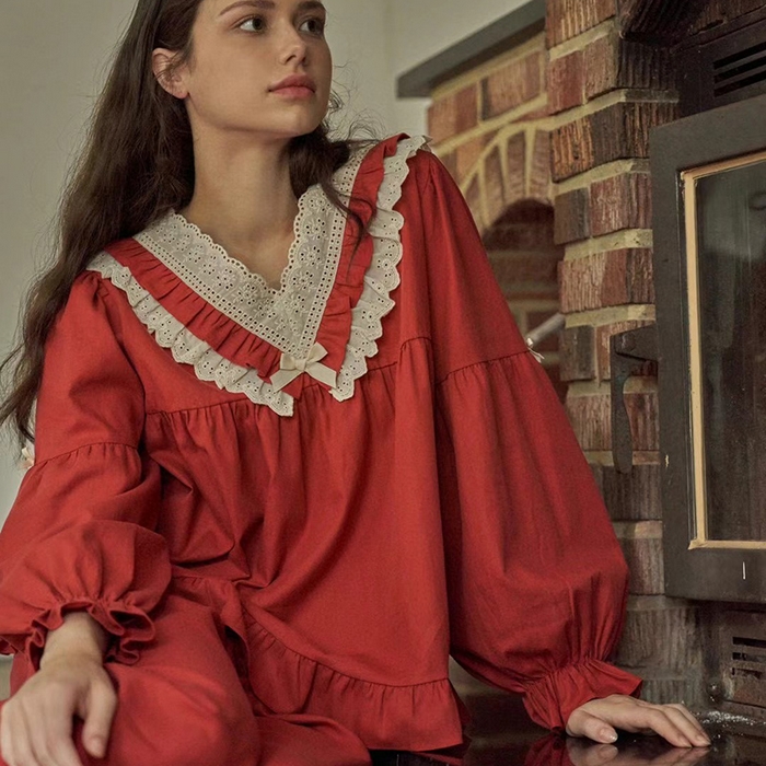 91家纺网 家纺一手货源 找家纺 （总）妍景家居生活馆 2025新款韩系V领蝴蝶结套装酒红家居服