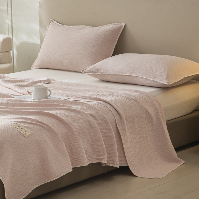 91家纺网 家纺一手货源 找家纺 博雅 2025新款全棉五层纱多功能盖毯 粉色