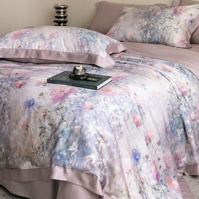 91家纺网 家纺一手货源 找家纺 立奥被业 2025年新款100%莱赛尔夏被莱赛尔夏被四件套天丝夏凉被 虞美人-紫