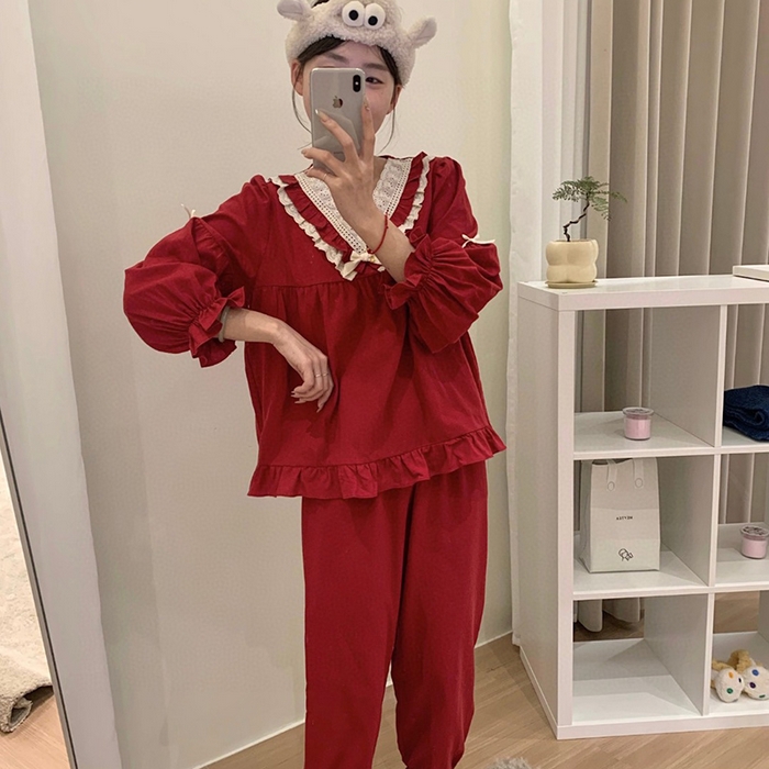 91家纺网 家纺一手货源 找家纺 （总）妍景家居生活馆 2025新款韩系V领蝴蝶结套装酒红家居服