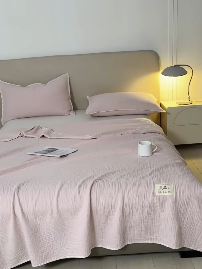 91家纺网 家纺一手货源 找家纺 博雅 2025新款全棉五层纱多功能盖毯 粉色