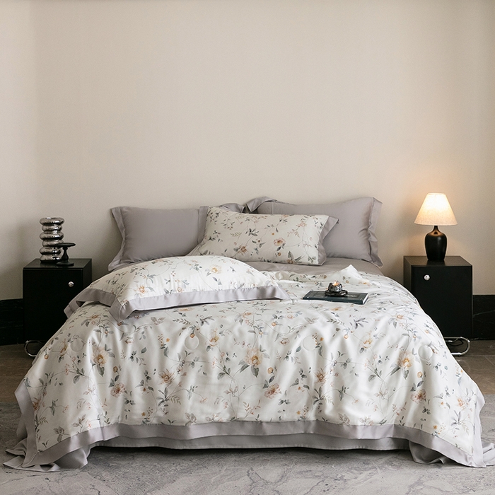 91家纺网 家纺一手货源 找家纺 立奥被业 2025年新款100%莱赛尔夏被莱赛尔夏被四件套天丝夏凉被 初妍-灰