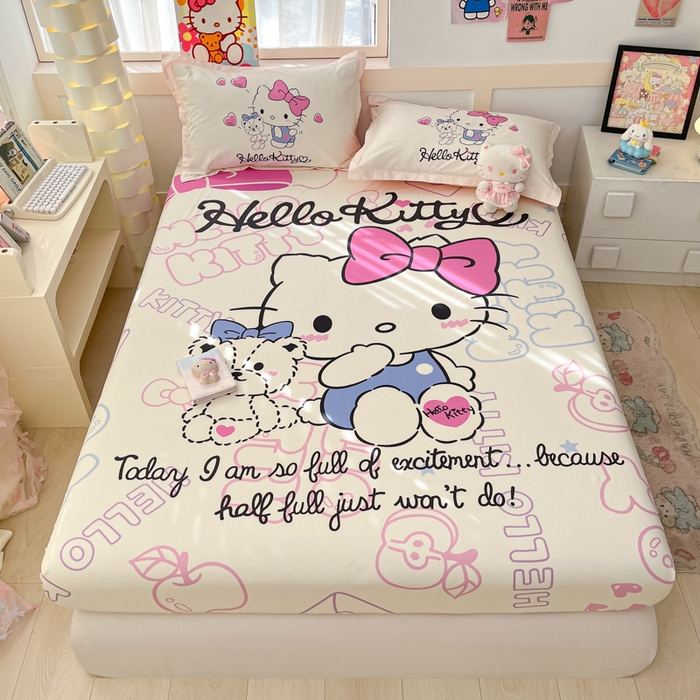 91家纺网 家纺一手货源 找家纺 博雅 2025新款三丽鸥全棉大版床笠-第二批 漫画KT猫