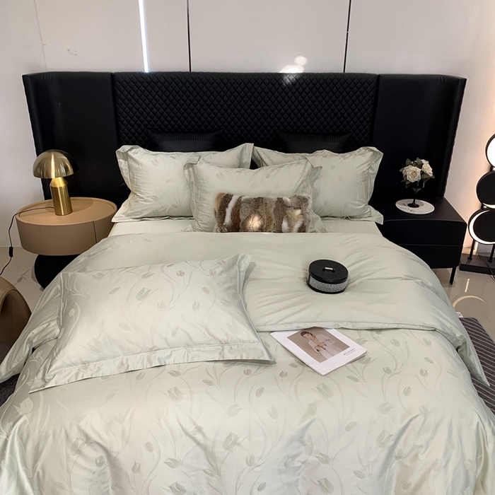 91家纺网 家纺一手货源 找家纺 莱豫 2025新款100支新疆阿克苏长绒棉提花四件套 郁金香绿