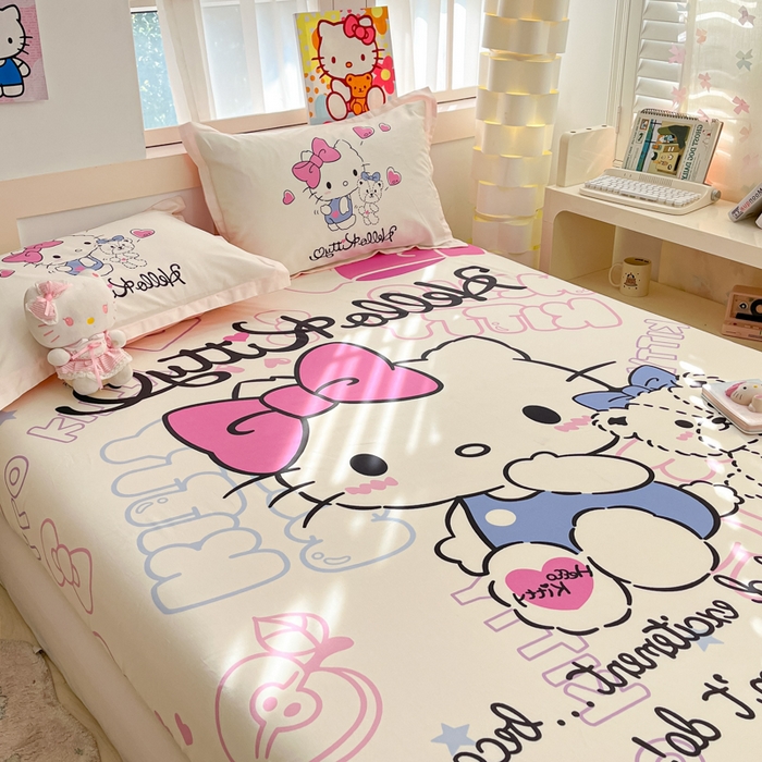 91家纺网 家纺一手货源 找家纺 博雅 2025新款三丽鸥全棉大版床笠-第二批 漫画KT猫