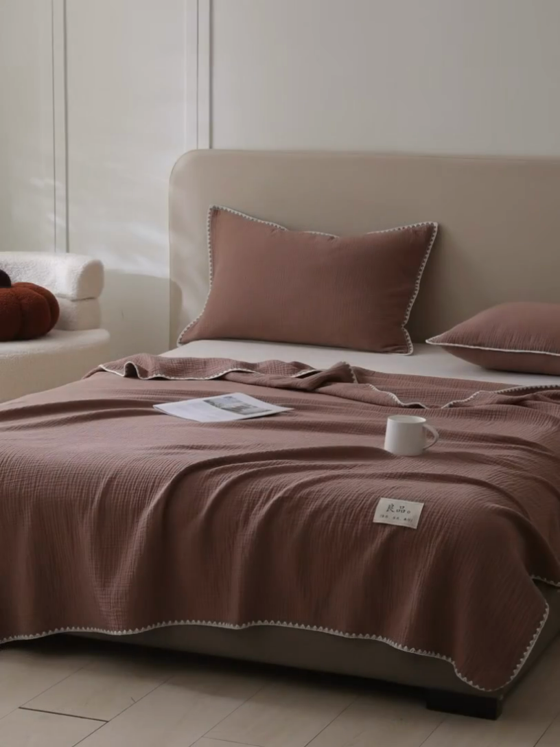 91家纺网 家纺一手货源 找家纺 博雅 2025新款全棉五层纱多功能盖毯 焦糖咖