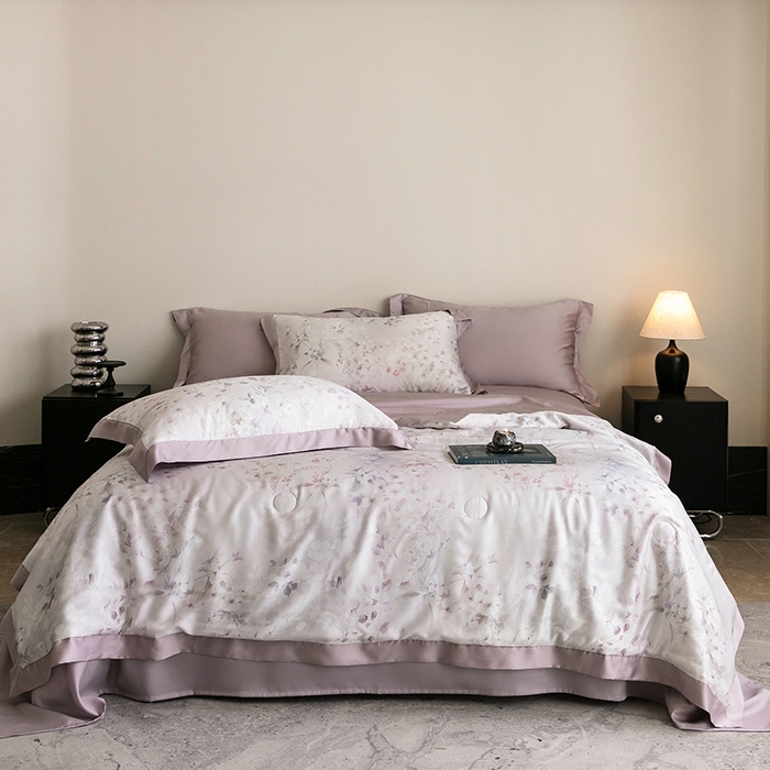 91家纺网 家纺一手货源 找家纺 立奥被业 2025年新款100%莱赛尔夏被莱赛尔夏被四件套天丝夏凉被 繁希-紫