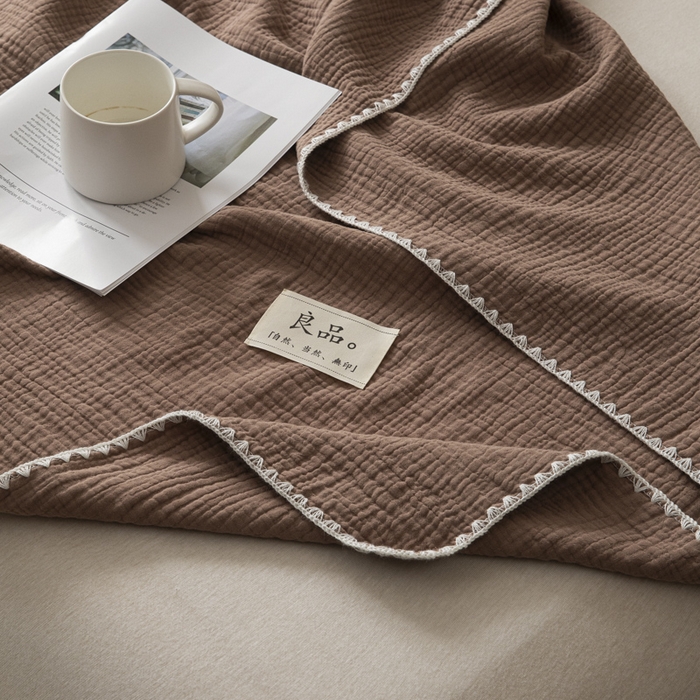 91家纺网 家纺一手货源 找家纺 博雅 2025新款全棉五层纱多功能盖毯 焦糖咖