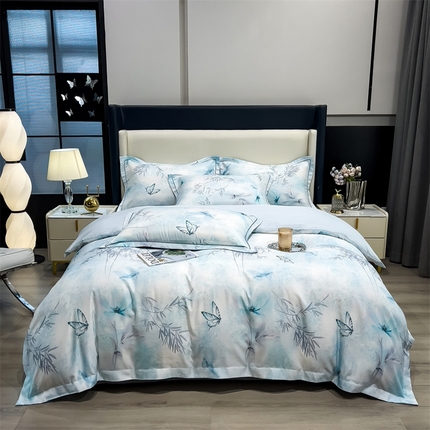 91家纺网 家纺一手货源 找家纺 兄弟坊2025新款兰精天丝数码印花四件套 蓝蝶