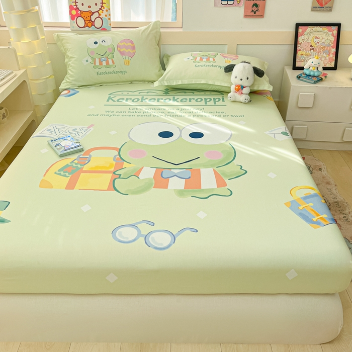 91家纺网 家纺一手货源 找家纺 博雅 2025新款三丽鸥全棉大版床笠-第二批 开心大眼蛙