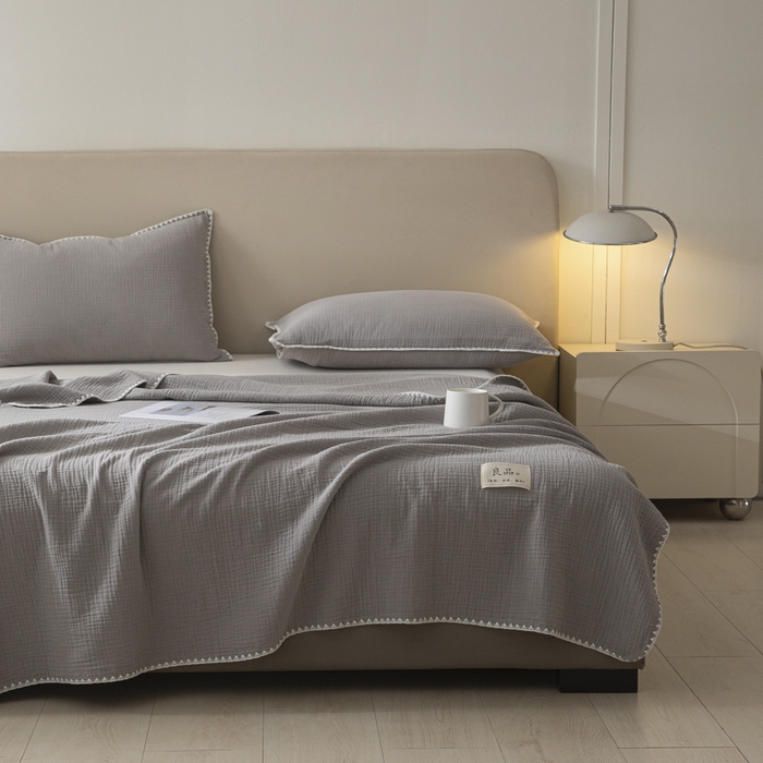 91家纺网 家纺一手货源 找家纺 博雅 2025新款全棉五层纱多功能盖毯 浅灰