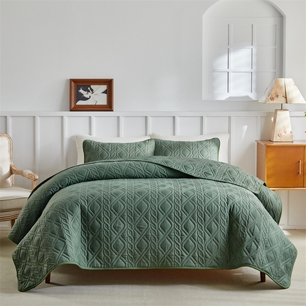 91家纺网 家纺一手货源 找家纺 温宁家纺 2025新款菱形格床盖三件套 国外薄被 菱形格-绿色