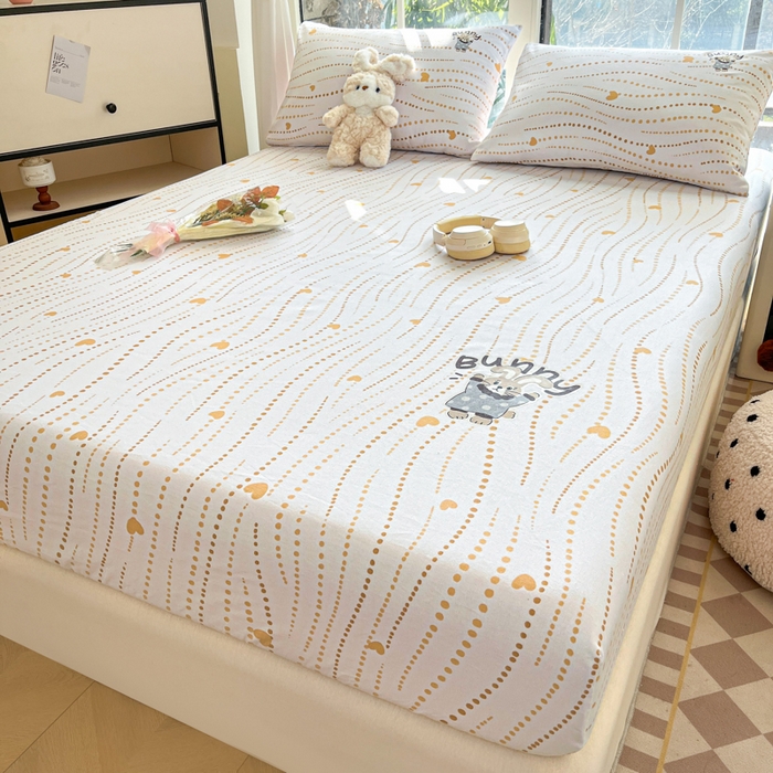 91家纺网 家纺一手货源 找家纺 博雅 2025新款全棉老粗布烫画床笠系列 心动-Bunny兔