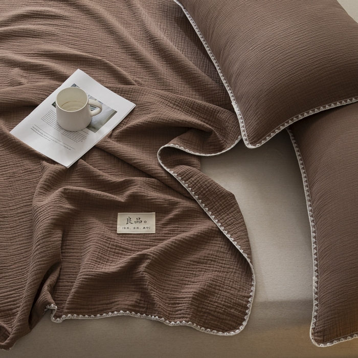 91家纺网 家纺一手货源 找家纺 博雅 2025新款全棉五层纱多功能盖毯 焦糖咖