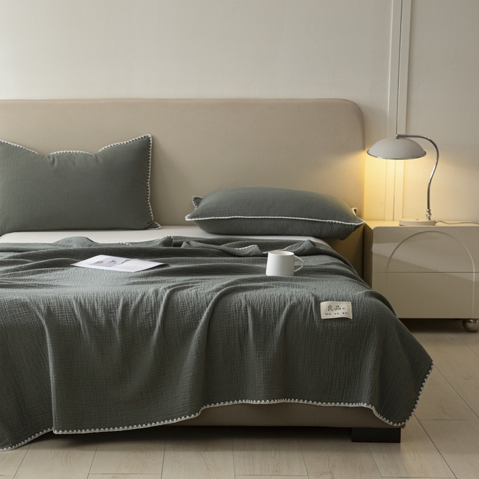 91家纺网 家纺一手货源 找家纺 博雅 2025新款全棉五层纱多功能盖毯 墨绿