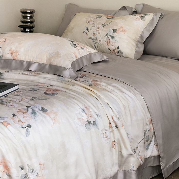 91家纺网 家纺一手货源 找家纺 立奥被业 2025年新款100%莱赛尔夏被莱赛尔夏被四件套天丝夏凉被 佳人醉-灰