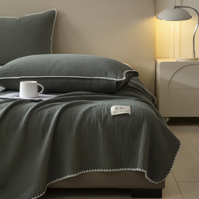 91家纺网 家纺一手货源 找家纺 博雅 2025新款全棉五层纱多功能盖毯 墨绿