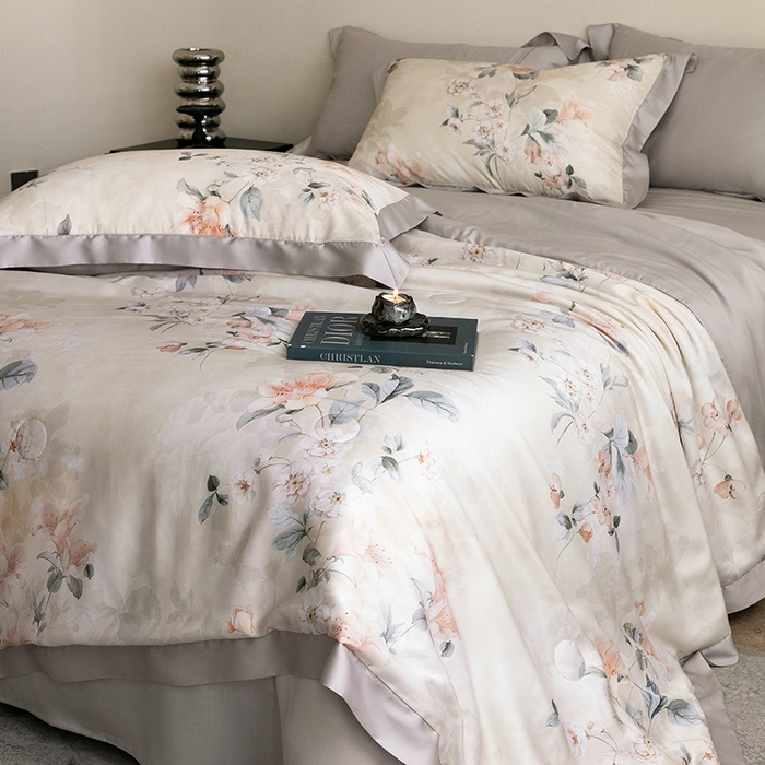 91家纺网 家纺一手货源 找家纺 立奥被业 2025年新款100%莱赛尔夏被莱赛尔夏被四件套天丝夏凉被 佳人醉-灰