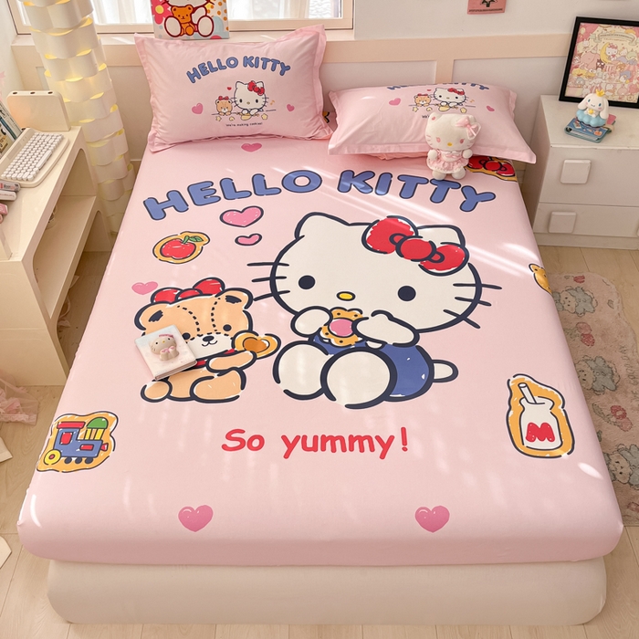 91家纺网 家纺一手货源 找家纺 博雅 2025新款三丽鸥全棉大版床笠-第二批 小熊KT猫