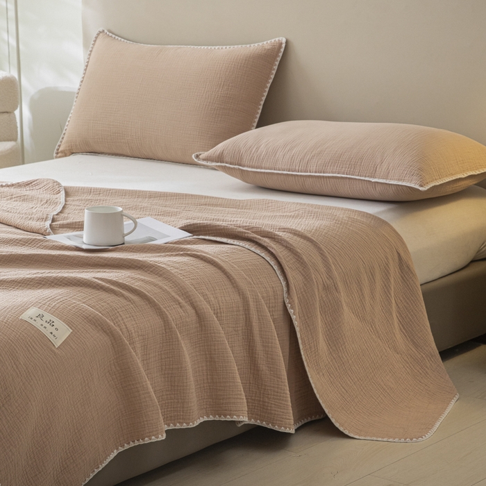 91家纺网 家纺一手货源 找家纺 博雅 2025新款全棉五层纱多功能盖毯 豆沙