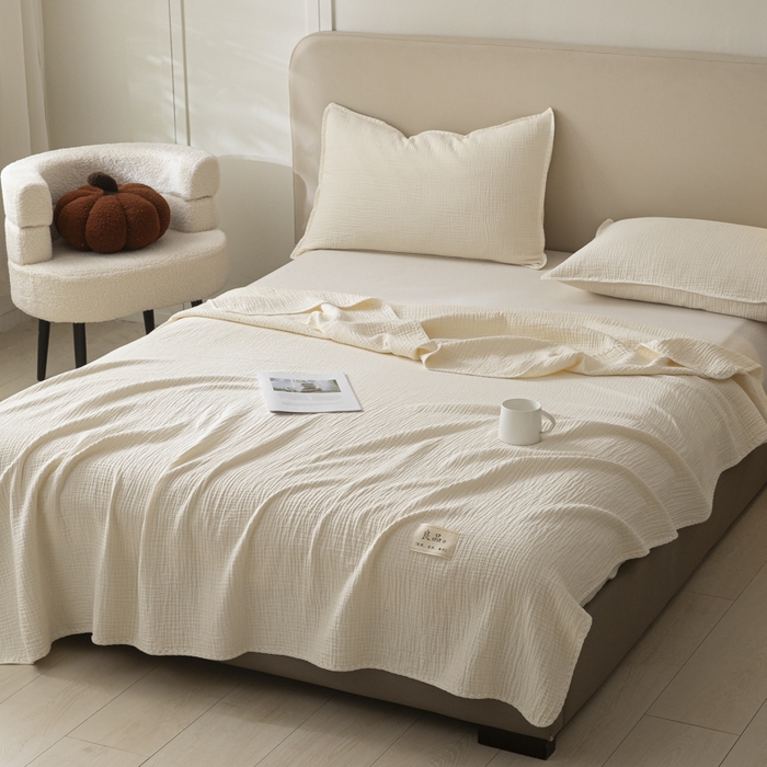 91家纺网 家纺一手货源 找家纺 博雅 2025新款全棉五层纱多功能盖毯 米白