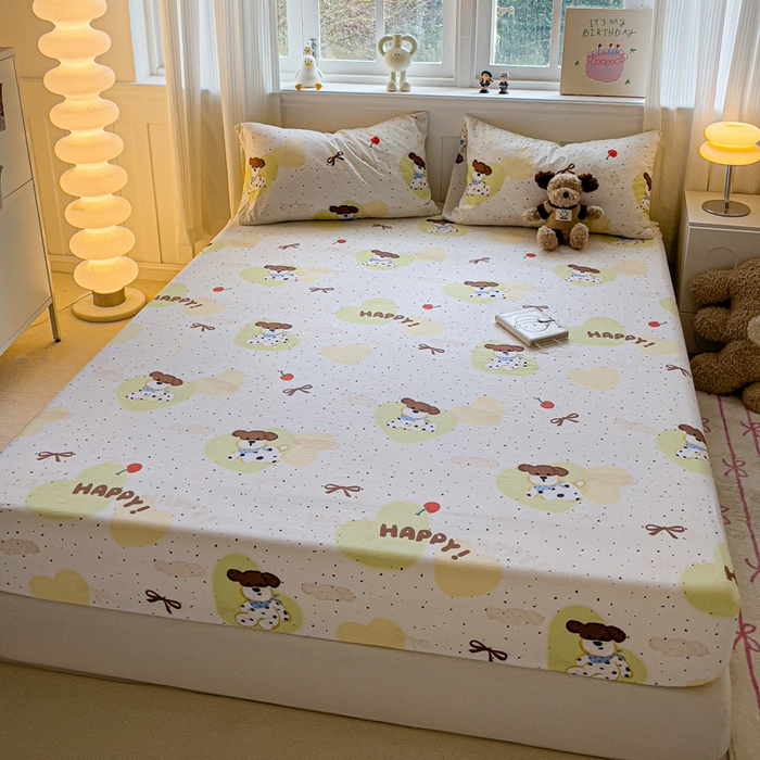 91家纺网 家纺一手货源 找家纺 仟人梦2025新款水洗棉印花床笠 快乐狗狗