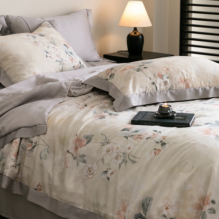 91家纺网 家纺一手货源 找家纺 立奥被业 2025年新款100%莱赛尔夏被莱赛尔夏被四件套天丝夏凉被 佳人醉-灰