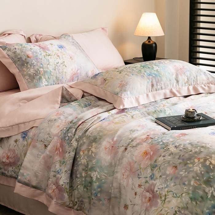 91家纺网 家纺一手货源 找家纺 立奥被业 2025年新款100%莱赛尔夏被莱赛尔夏被四件套天丝夏凉被 虞美人-粉