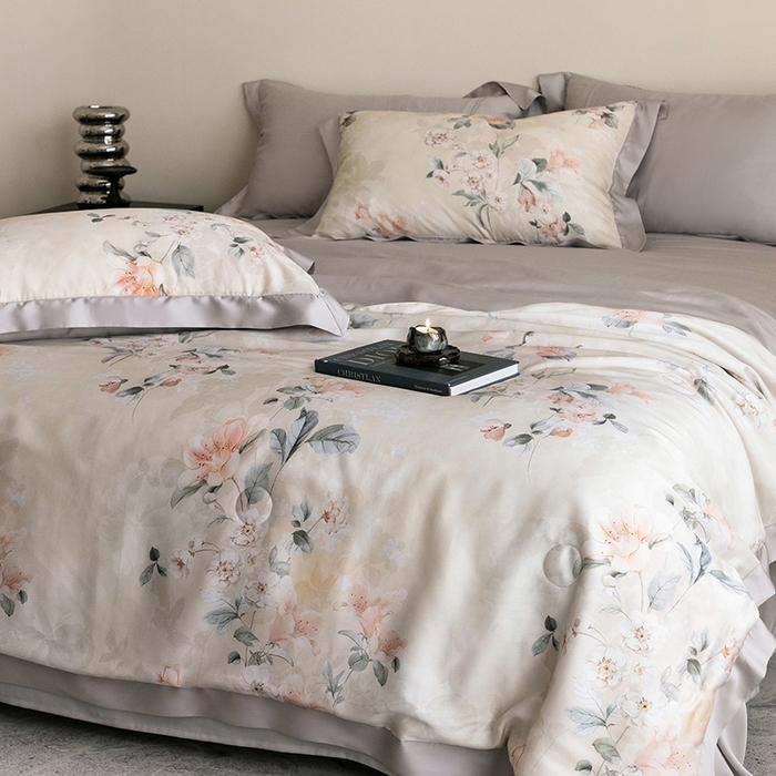 91家纺网 家纺一手货源 找家纺 立奥被业 2025年新款100%莱赛尔夏被莱赛尔夏被四件套天丝夏凉被 佳人醉-灰