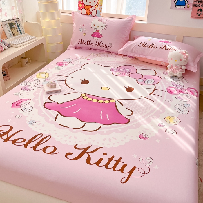 91家纺网 家纺一手货源 找家纺 博雅 2025新款三丽鸥全棉大版床笠-第二批 花花KT猫