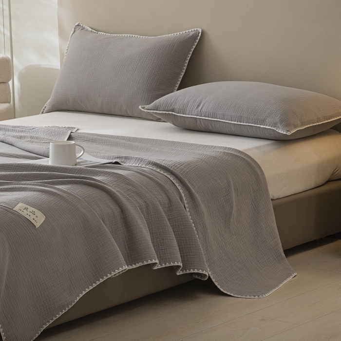 91家纺网 家纺一手货源 找家纺 博雅 2025新款全棉五层纱多功能盖毯 浅灰