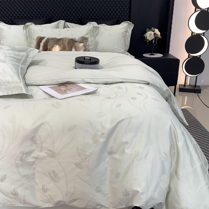 91家纺网 家纺一手货源 找家纺 莱豫 2025新款100支新疆阿克苏长绒棉提花四件套 郁金香绿