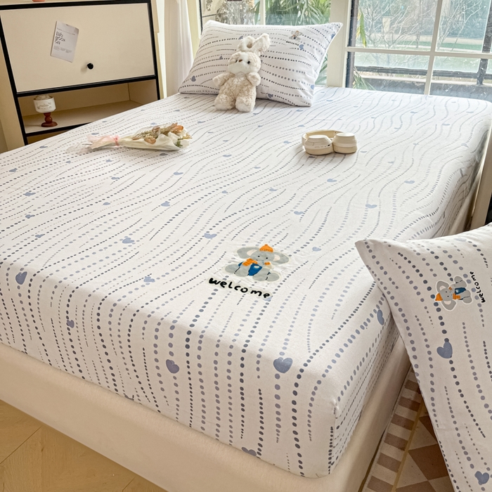 91家纺网 家纺一手货源 找家纺 博雅 2025新款全棉老粗布烫画床笠系列 心动-调皮象