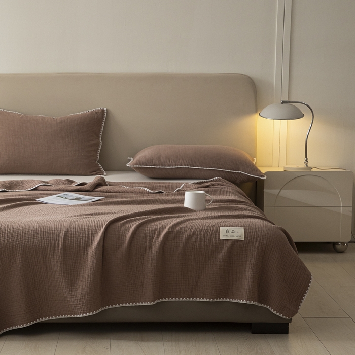 91家纺网 家纺一手货源 找家纺 博雅 2025新款全棉五层纱多功能盖毯 焦糖咖