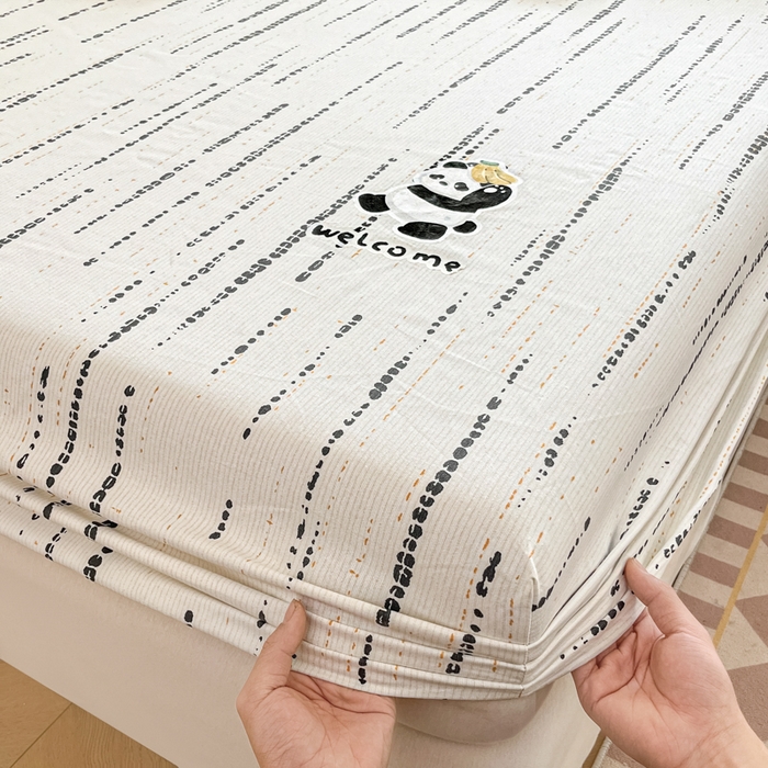 91家纺网 家纺一手货源 找家纺 博雅 2025新款全棉老粗布烫画床笠系列 纹理-香蕉熊猫